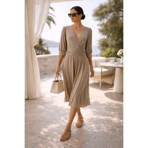 H&M Wrap Midi Dress 8 Champagne Rouched Waist Slinky Neutral Career Date Nigt